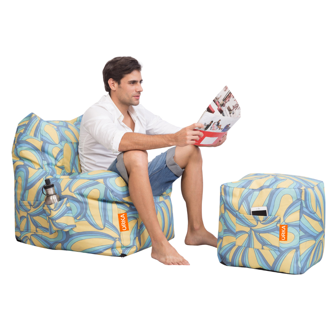 Can bean bags Digital Printed XXXL Arm Bean Chair With Footstool (Yellow)